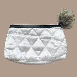 Quilted Pearl White Makeup Bag With Faux Fur Poof Zipper Pull - NEW